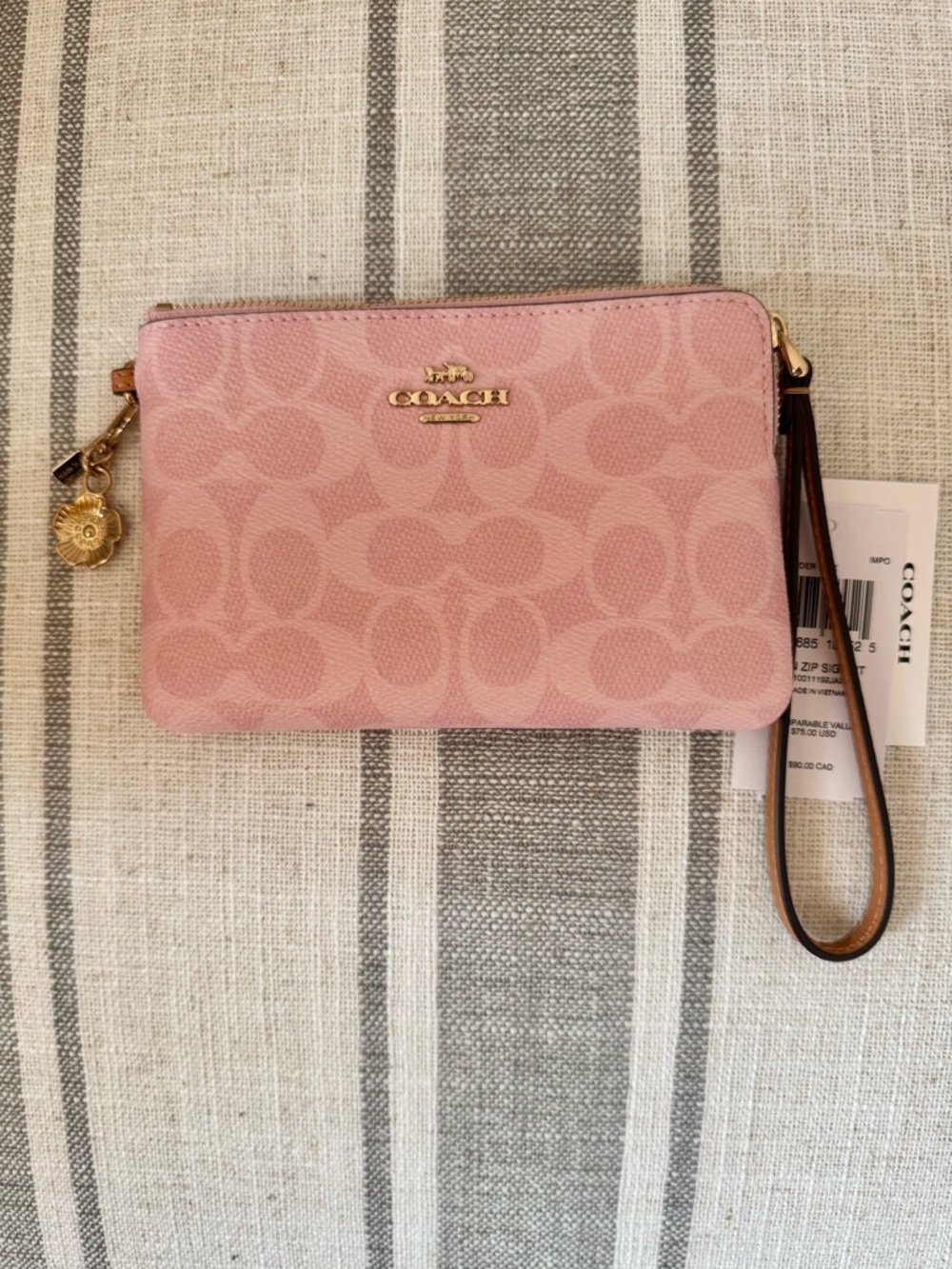 Authentic COACH Corner Zip Wristlet In Signature Canvas Powder Pink With Charms